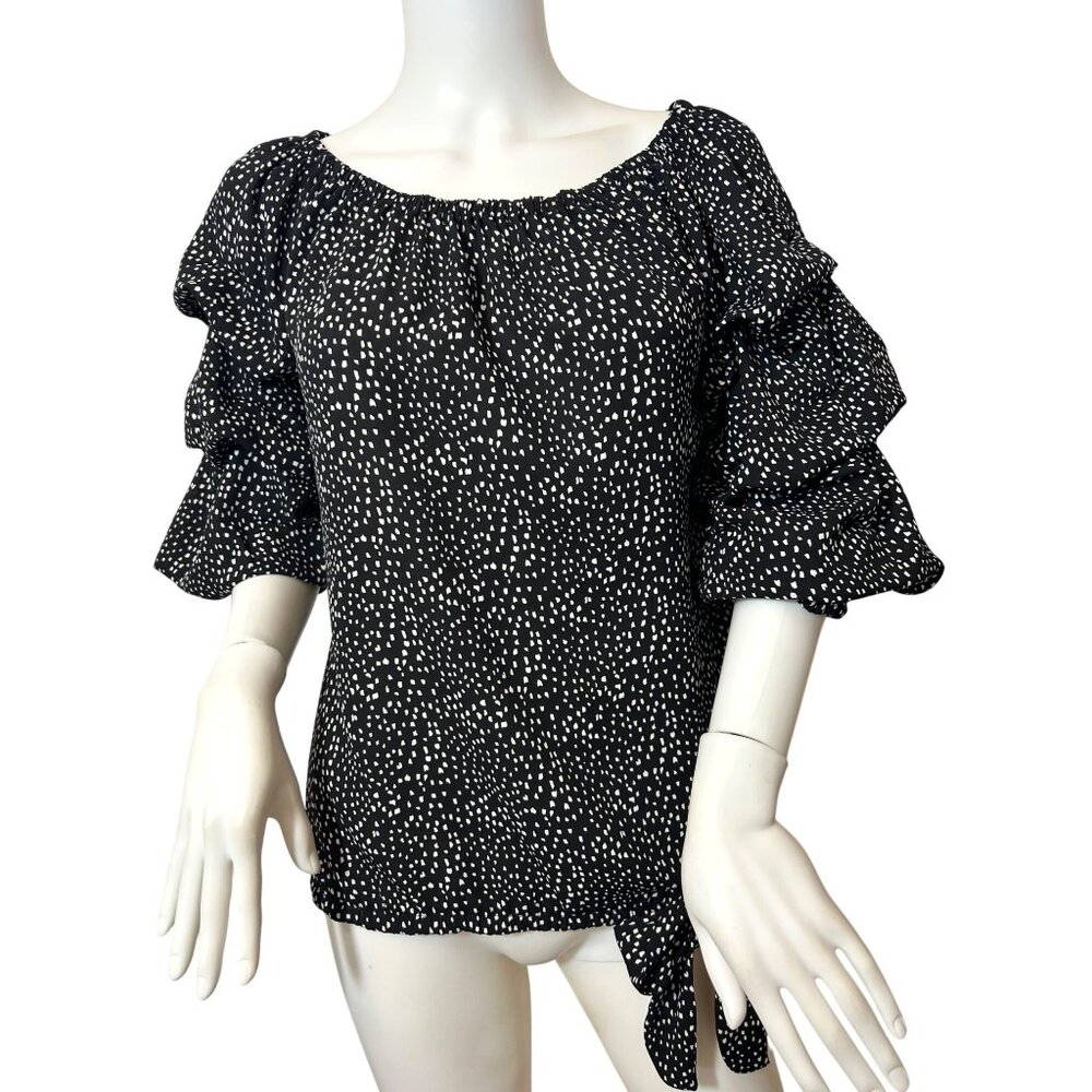 Vince Camuto Blouse S Black White Speckled Polka Dot 3/4 Bubble Sleeves Tie Hem